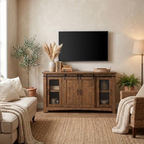 Martin Svensson Home Rustic 65" Wood Entertainment Center, Natural | Solid Pine, TV Stand, Sliding Doors, Adjustable Shelves & Cable Management, for TVs up to 70" - color: Natural