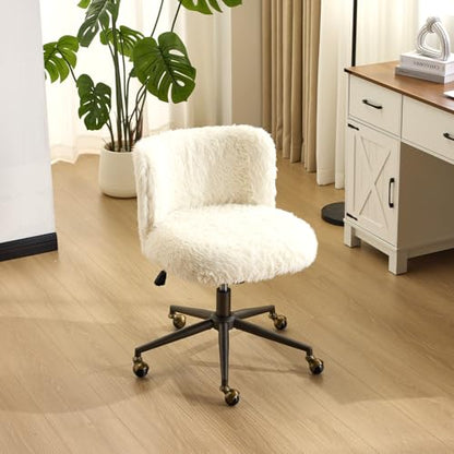 VINGLI Plush Upholstery Vanity Desk Chair with Curved Back & 90-102° Tilt &Adjustable Height, Cute Rolling Chair with Bronze Base & Golden-Bronze 360° Swivel Wheels for Makeup &Home Office,White Cream - color: White Cream