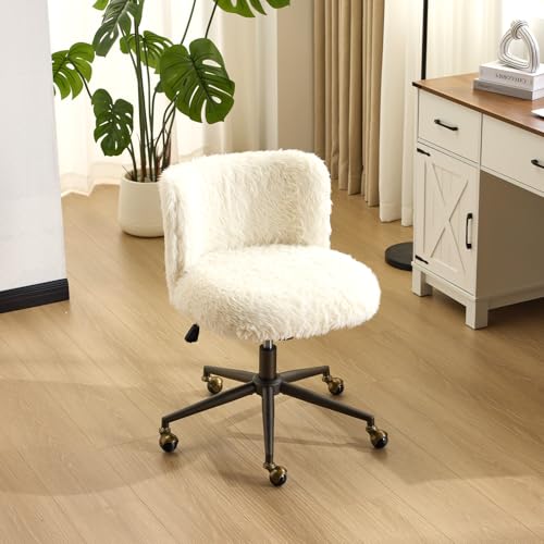 VINGLI Plush Upholstery Vanity Desk Chair with Curved Back & 90-102° Tilt &Adjustable Height, Cute Rolling Chair with Bronze Base & Golden-Bronze 360° Swivel Wheels for Makeup &Home Office,White Cream - color: White Cream