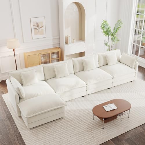Modular Sectional Sofa, 146.5 Inch L Shaped Couch Set for Living Room, 4-Seater Comfy Cloud Couches with Movable Ottoman, DIY Combination, Chenille, Beige - color: Beige, size: 146.5 Inch- L
