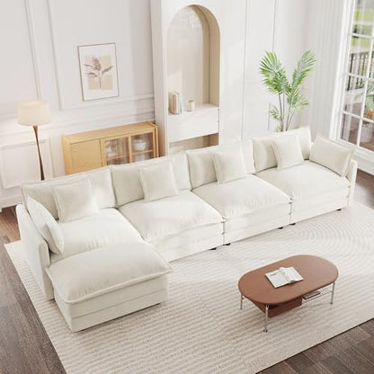 Modular Sectional Sofa, 146.5 Inch L Shaped Couch Set for Living Room, 4-Seater Comfy Cloud Couches with Movable Ottoman, DIY Combination, Chenille, Beige - color: Beige, size: 146.5 Inch- L