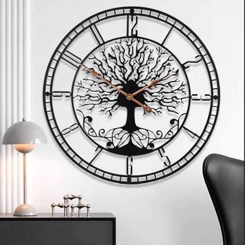 Dankeit Tree of Life Wall Clock, 24inch Black Metal Wall Clock, Silent Quartz Movement, Modern Home Decor - color: D