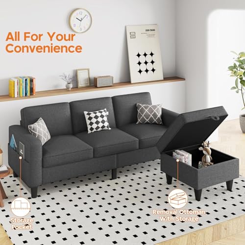 L Shaped Couch for Living Room 3 Seater Sofa with Storage Movable Ottoman | 78"Modern Linen Grey Couches 3 Seats Sofas with Chaise for Studio Apartment Office Basement Small Space, Easy Assembly - color: Dark Grey-linen