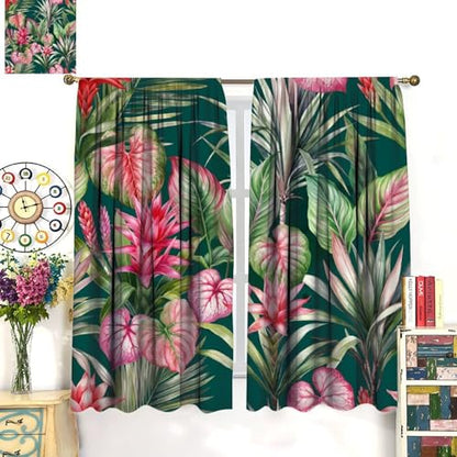 Tropical Palm Leaf Curtains, Pink Green Summer Monstera Leaves Jungle Plant Blackout Window Treatments Drapes for Bedroom Living Room Apartment 42" W X 45" L - color: Flamingo-10, size: 21"W x 45"L (Pack of 2)