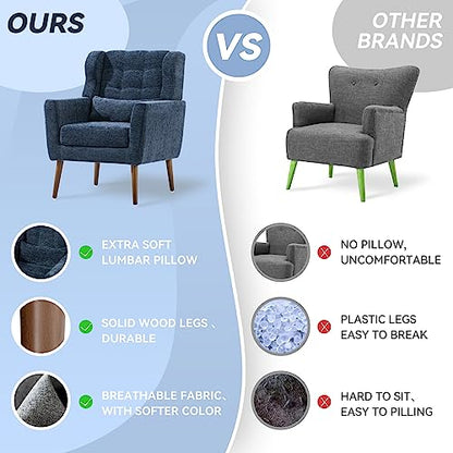 Modern Accent Chair, Upholstered Armchair with Pillow, Fabric Single Sofa Chair with Lounge Seat and Wood Legs Accent Chair for Living Room Bedroom Small Spaces (Dark Blue) - color: Dark Blue, size: Set of 1