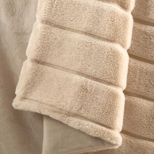 Cozy Bliss Deluxe Sheared Rabbit Faux Fur Throw Blanket, Soft Fuzzy High-Low Sculpted Plush Blanket for Couch, Cozy Home Accent, All Season Use, Khaki 60"x80" - color: Khaki, size: Twin(60" x 80")