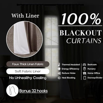 63 Inch Length Dark Chocolate Brown Linen Blackout Curtains for Bedroom, Thermal Insulated Black Out Back Tab Rod Pocket Drapes 63 Inches Long 2 Panels Set - color: Dark Brown, size: 50"W x 63"L (Pack of 2)