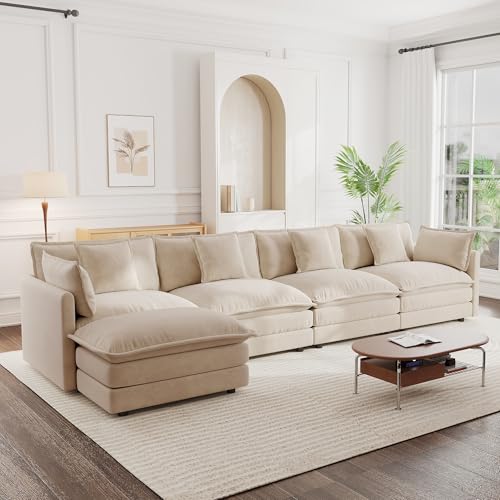 Modular Sectional Sofa, 146.5 Inch L Shaped Couch Set for Living Room, 4-Seater Comfy Cloud Couches with Movable Ottoman, DIY Combination, Chenille, Light Coffee - color: Light Coffee, size: 146.5 Inch- L