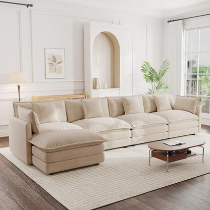 Modular Sectional Sofa, 146.5 Inch L Shaped Couch Set for Living Room, 4-Seater Comfy Cloud Couches with Movable Ottoman, DIY Combination, Chenille, Light Coffee - color: Light Coffee, size: 146.5 Inch- L