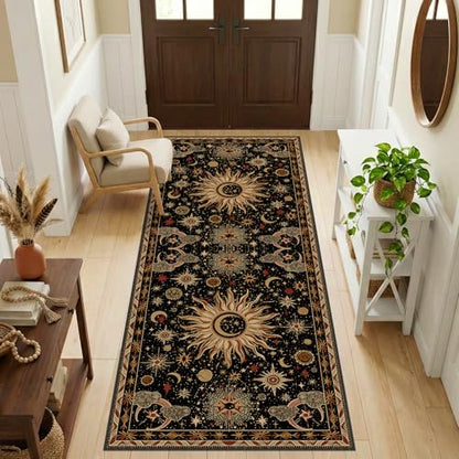 Vacuum-Friendly, 2x6 Washable Area Rug, Black Gold Beige Red | Sun and Moon Boho Gothic Non-Slip Low Pile Living Roon Bedroom Dining Room Kitchen Entry Entryway Entrance Hallway Doormat - color: Black/Gold/Beige/Red, size: 2' x 6' (Runner)