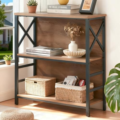 MNEETRUNG Small Bookshelf,3 Tier Industrial Bookcase with Metal Frame and Backboard,Low Rustic Brown Book Shelf,Book case for Small Spaces,Living Room,Bedroom and Home Office - color: Brown, size: 3-Tier (29.5"W x 11.8"D x 29.2"H)