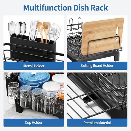 TOOLF Expandable Over The Sink Dish Drying Rack for Kitchen Counter, Black | Extend 12.56"-23.97"L,Stainless Steel & PP,Cups & Cutting Board Holder,Removable Utensil Holder,Adjustable Feet Fit Most Sink - size: 1-Tier(Side Extension)