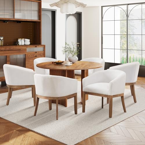 Modern Upholstered Barrel Dining Chair Set of 6, Natural Hardwood Frame, Farmhouse Linen Chairs for Dining Room, Kitchen(Beige) - color: Beige, size: Set of 6