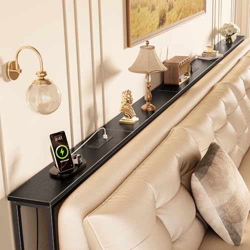 Huuger 133.9 Inch Sofa Table with Power Outlets, Skinny Behind Couch Table | 5.9 Inch Narrow Entryway Table, Extra-Long Console Table, Behind the Couch Table with Outlet for Living Room, Black - color: Black, size: 5.9"D × 133.9"W × 29.7"H