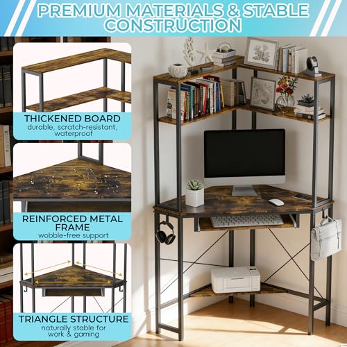 Corner Desk with Hutch and LED Light, Keyboard Tray, Rustic Brown - color: Rustic Brown