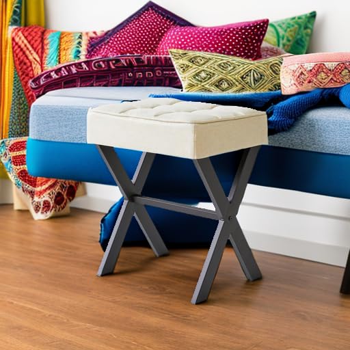 IBUYKE Square Makeup Stool with X-Leg, Linen Vanity Chair, Linen LG-70Y | Footrest Ottoman Seat Multi-Use Small Side Table Bedroom Living Room - color: Linen, size: 17.72"-Linen