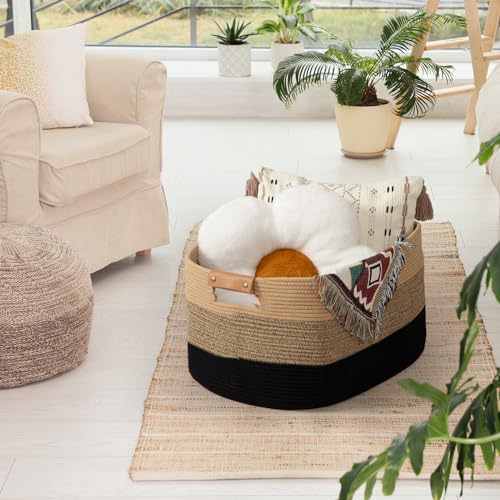 Large Woven Basket, 108L Large Blanket Basket for Living Room, Nursery, Cotton Woven Hamper for Toy Organizing & Laundry, 25’’*16’’*16’’ Gradient Linen - color: Gradient linen, size: 108L