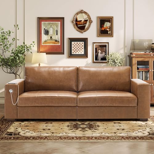 Hanherry Faux Leather 89" Sofa for Living Room, Modern Comfy Sofa with Medium Firm Seat Cushion, Removable Cover,Wide Armrest,USB/Type-C Port,Couches for Small Space,Apartment - color: Leather Brown, size: 89 Inch
