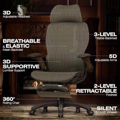 X100 Ergonomic Mesh Office Chair with Footrest, Big and Tall Home Desk Chair with 5D Flip-Up Arms, Adjustable 3D Lumbar Support, Gaming & Executive Computer Chair (Coffee Break) - color: Coffee Break