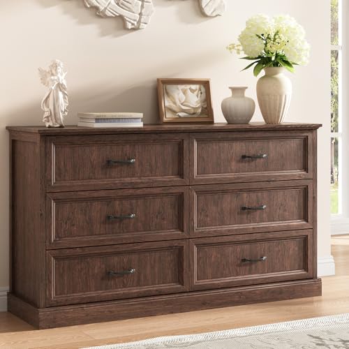 Farmhouse 6 Drawer Dresser for Bedroom, 55" Brown Dresser with TV Stand | Wide Dresser with Large Drawers & Bar Handles, Rustic Wood Chest of Drawers for Living Room, Hallway, Entryway. - color: Brown, size: 16"D x 55"W x 31"H (6 Drawers)