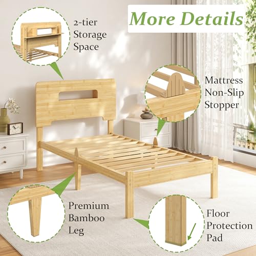 12 Inch Bamboo Platform Bed Frame Twin Size, Sturdy Bed Frame with Bamboo Frame & Iron Slats, Noise-Free Mattress Foundation No Box Spring Needed, Easy Assembly - color: Natural, size: Twin, style: 12 INCH