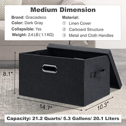 Graciadeco Medium 15" 21 Quart Collapsible Stackable Storage Bins with Lids, 3 Packs Dark Grey Foldable Fabric Closet Boxes Heavy-duty Linen Cube Baskets Container for Bedroom Office (15 x 11 x 8) | 21 Quart 3 Pack Dark Gray Collapsible Stackable Linen Fa