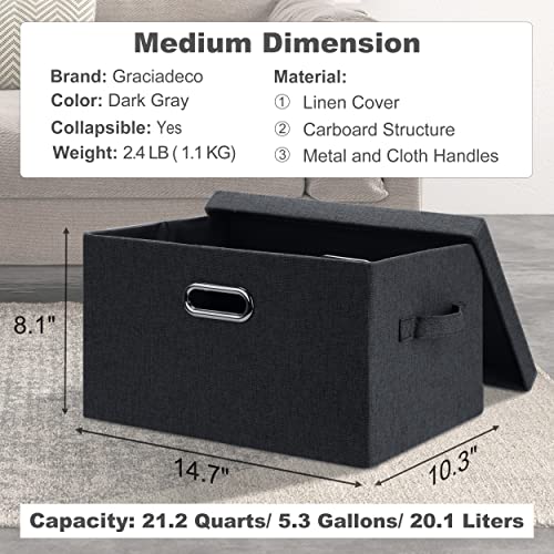 Graciadeco Medium 15" 21 Quart Collapsible Stackable Storage Bins with Lids, 3 Packs Dark Grey Foldable Fabric Closet Boxes Heavy-duty Linen Cube Baskets Container for Bedroom Office (15 x 11 x 8) | 21 Quart 3 Pack Dark Gray Collapsible Stackable Linen Fa