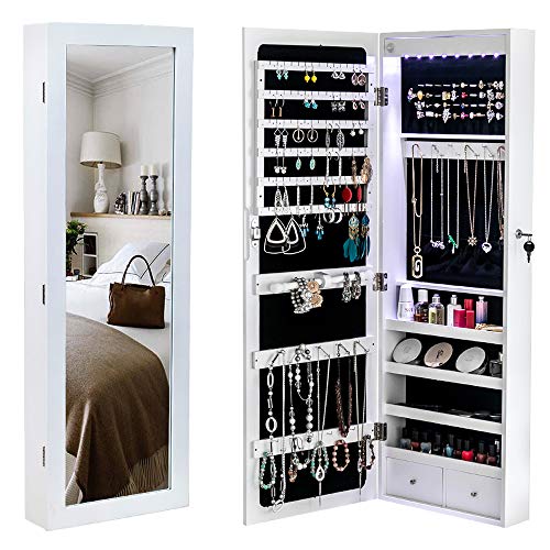 42.5" Wood Jewelry Mirror Cabinet,Wall or Door Mounted Jewelry Storage Cabinet,Space-Saving Large Jewelry Armoire Organizer,with Lock & LED Lights,for Living Room, Bedroom, Cloakroom (White) - size: 37x10x108cm