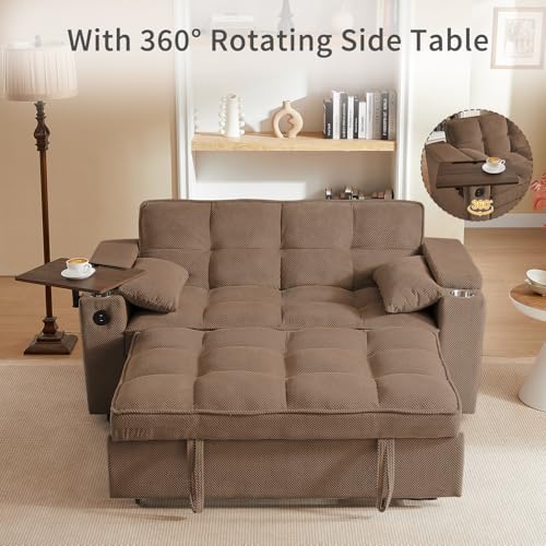 65'' 3-in-1 Folding Convertible Sofa Bed, Queen Size Pullout Sofa, Modern Chenille Fabric, 360° Swivel Side Table, Easy Assembly, Perfect for Living Room - color: Brown-a