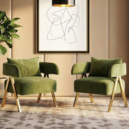 Modern Green Velvet Accent Chairs Set of 2, Barrel Armchairs Living Room | STHOUYN Comfy Reading Chairs, Living Room and Bedroom Seating, Curved Barrel Design, Wide Seat, Gold-Tone Legs - color: Green