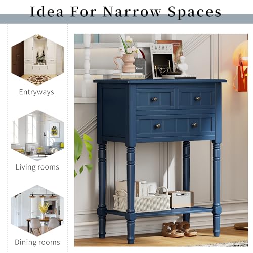 Merax Narrow Console Table, Elegant Slim Entryway Table Sofa Table with Three Storage Drawers and Bottom Shelf for Entryway for Hallway, and Living Room (Navy) - color: Navy