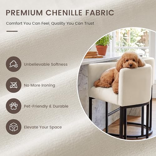 GRUSIGN Chenille 카운터 높이 바 스툴 2개 세트, 66cm(26인치) 주방 아일랜드 스툴, 팔 및 발판 포함, 주방, 다이닝룸, 바 및 라운지 공간용 덮개를 씌운 배럴 백 바 의자, 오프 화이트 - color: 오프 화이트, size: 2개 세트