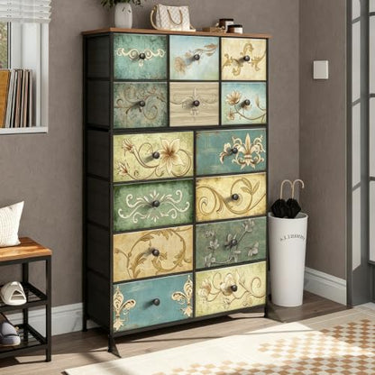 Dresser with Drawers for Bedroom Chest of Drawers Fabric Dresser for Closet,Nursery Entryway Hall Tree TV Stand for Living Room Retro Floral Pattern Drawers Wooden Top (14 Drawers) - size: 11.8"D x 39"W x 57"H (14 Drawers)