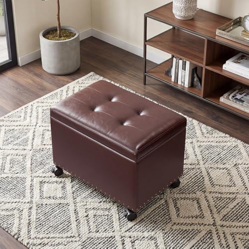 Homebeez 22 inch Storage Ottoman with Tray Top, Multi-Functional Faux Leather Coffee Table with Storage, Tufted Foot Rest with Nailhead Trim for Living Room, Reddish Brown - color: Reddish Brown With Wheels
