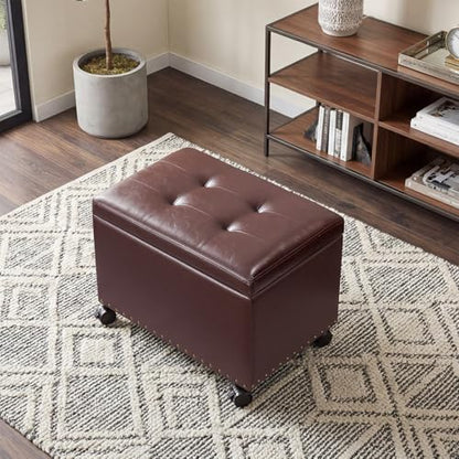 Homebeez 22 inch Storage Ottoman with Tray Top, Multi-Functional Faux Leather Coffee Table with Storage, Tufted Foot Rest with Nailhead Trim for Living Room, Reddish Brown - color: Reddish Brown With Wheels