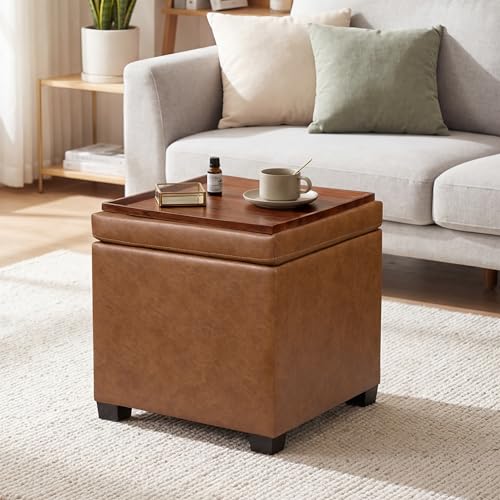 15 inch Square Storage Ottoman with Tray Lid,Modern Tufted Faux Leather Cube Coffee Table with Storage,Upholstered Ottoman with Removable Top for Living Room, Bedroom - color: Faux Leather -Taupe Brown With Tray