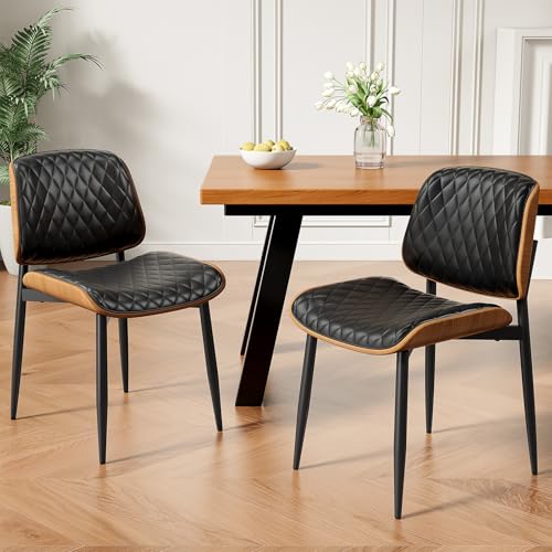 Dining Chairs Set of 2, Mid-Century Modern Upholstered PU Leather Chairs | with Walnut Back and Metal Legs Adjustable Feet for Kitchen Dining Room, Black Diamond Plaid - color: Black Diamond Plaid