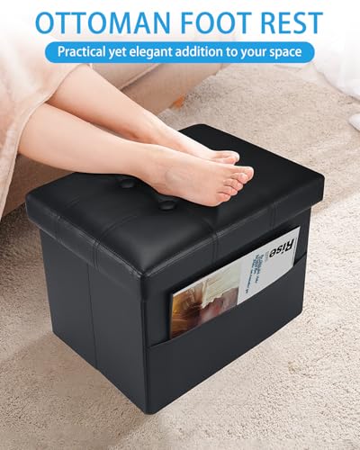 2PC Ottoman with Storage,17" Leather Folding Foot Rest Stool,Black | Small Ottoman with Side Pockets, Thicker Foam Padded Seat, 17 * 13 * 13 Inch, Livingroom, Dorm, Bedroom, Entryway - color: Black-2pc