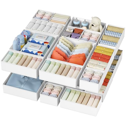 DIMJ Drawer Organizer Clothes - 20 Pack Closet Drawer Organizer Bins for Baby Clothes Storage, Fabric Dresser Organizer for Nursery Bedroom, Foldable Small Drawer Dividers for Underwear Socks - color: White, size: 20 Pack