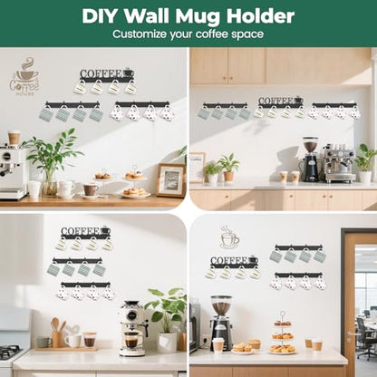 EsLuker.ly Mug Holder Rack Coffee Cup Hanger Wall Mount, 3 Pack Black | Metal Wall Cup Shelf Organizer Stand with 12 Hooks, Fits Most Mugs Display for Home Kitchen, Space-Saving Coffee Bar Enhancer - style: Upgrade 12 Hooks