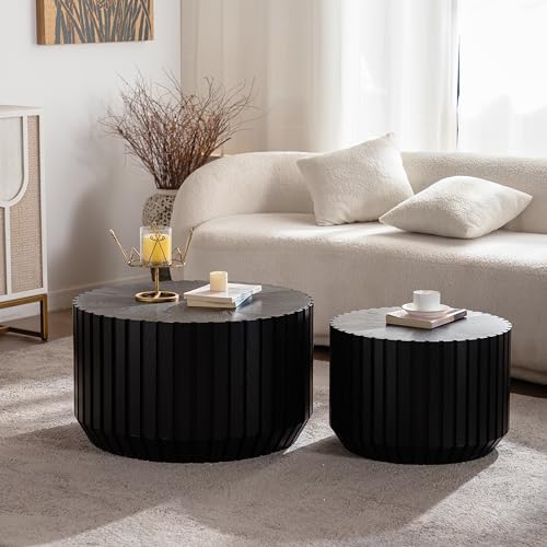46.46'' Black Round Nesting Coffee Table Set of 2, Modern Circle Fluted Drum Coffee Table for Living Room, No Assembly, Black - color: M1-46.46in-black