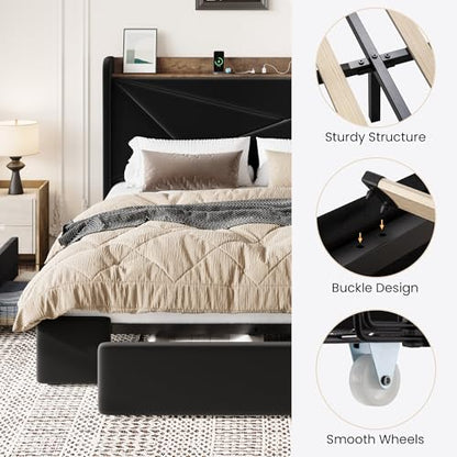 SHA CERLIN Queen Bed Frame, Storage Headboard with Drawers, Charging, Black | Velvet Upholstered Bed, Modern Wingback Headboard, 3 Drawers, USB Charging Station, No Box Spring Needed, Easy Assembly - color: Black, size: Queen