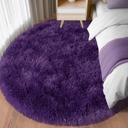 6ft Fluffy Dark Purple Round Rug for Bedroom Living Room, Washable Non-Slip | Soft Shag Purple Circle Rug for Kids Room Dorm Living Room Home Decor, Thick Memory Sponge, Flame Resistant - color: Dark Purple, size: 6' (Round)