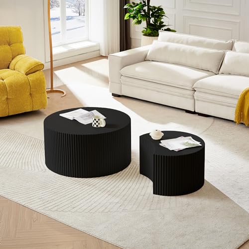 JUSTONE Set of 2 Nesting Coffee Table,Modern Round Wood Accent Side End Table for Living Room Bedroom and Entryway, Apartment,Round Coffee Tables for Small Spaces No Assembling (Black) - color: Round-black