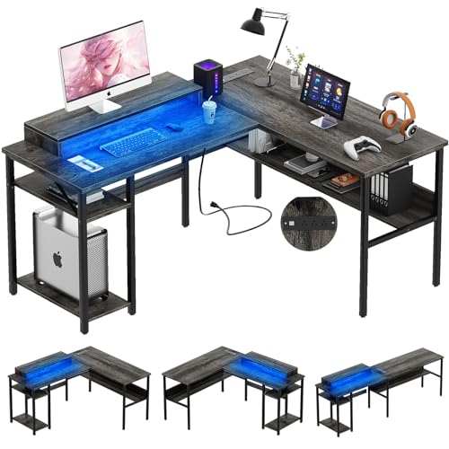 Unikito Reversible L Shaped Desk with Power Outlets and RGB LED Light, Sturdy Computer Desk with Ergonomic Monitor Stand and Storage Shelves, Corner Desk for Home Office, Easy Assembly, Black Oak - color: Black Oak
