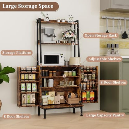 58” Pantry Cabinets with Microwave Shelves, Freestanding Kitchen Storage Cabinet with Adjustable Shelves, Buffet Cupboards for Kitchen, Dining Room, Living Room Use, Retro Brown - color: B-58" Retro