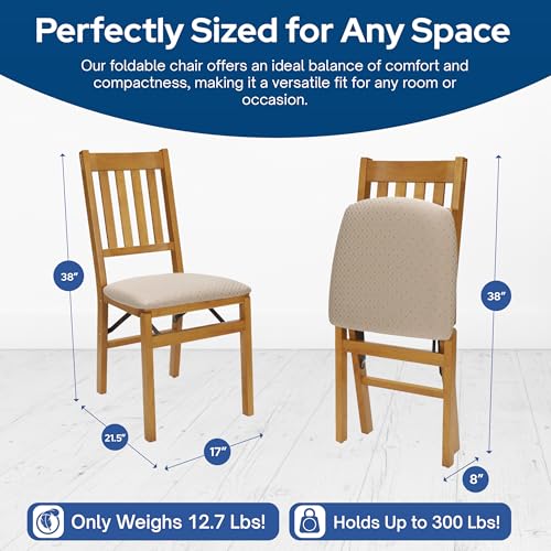 MECO Stakmore Arts and Craft Wooden Folding Chairs with Padded Seats, Set of 2 - No Assembly Foldable Dining Chairs, Steel Folding Mechanism, Upholstered Cushion, Space-Saving, Oak Frame - color: Oak