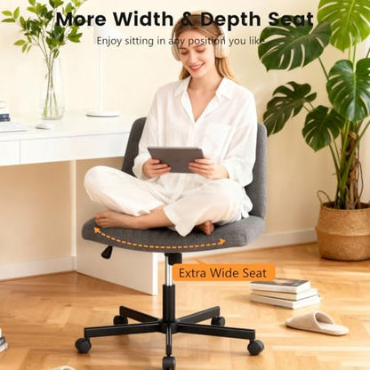 FDW Criss Cross Chair with Wheels Cross Legged Office Desk Modern Swivel Height Adjustable Wide Seat Computer Task Vanity Chair Comfy Fabric Armless Seating for Home Office - color: Grey, style: With Wheels