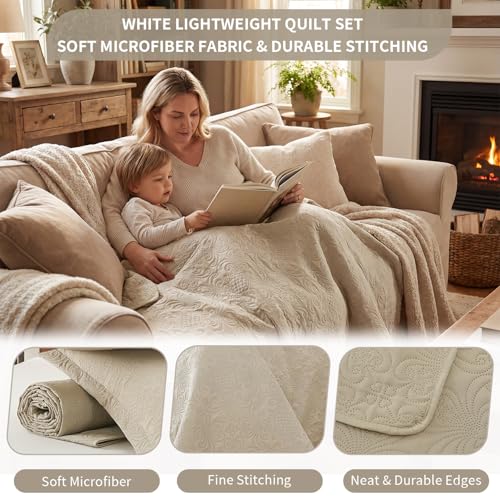 Boho Queen Quilt Set 92"x96", Lightweight Reversible Ultrasonic Quilted Coverlet & Bedspread with 2 Pillow Shams, Soft All Season Queen Quilt Bedding