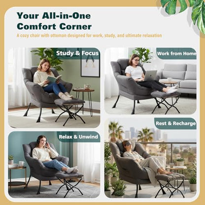 Lazy Chair with Ottoman, Comfy Reading Chair for Bedroom，Grey | Comfy Bedroom Accent Chair with Washable Removable Cover and extra throw pillow for Living Room Dorm - color: Peach Dark Grey-1